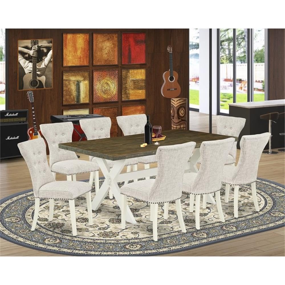 East West Furniture X077Ga235-9 9 Piece Dining Room Furniture Set Includes A Rectangle Dining Table With X-Legs And 8 Doeskin Linen Fabric Upholstered Chairs, 40X72 Inch, Multi-Color